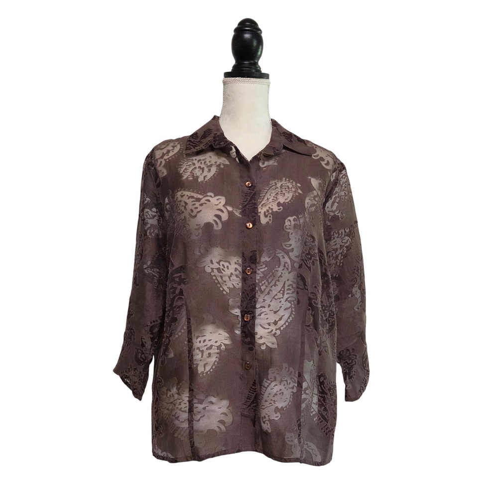 Y2K Brown Sheer Mesh Paisley Button Front Shirt Size XL Whimsigoth Grunge